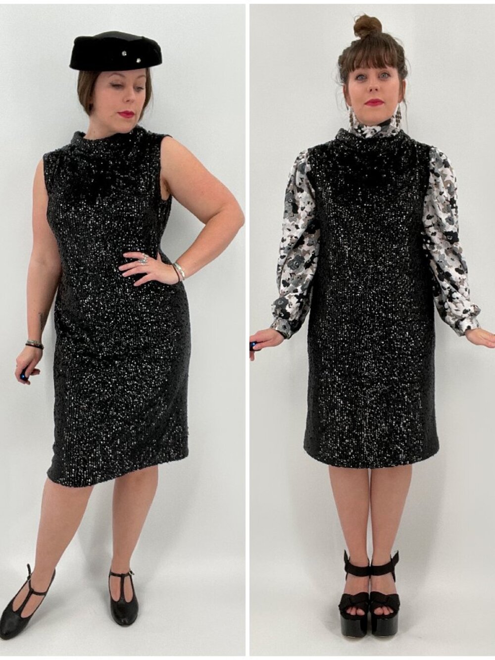 Vintage Designer Valentina 60s Black Wool Sequin Sleeveless Shift Dress L/XL